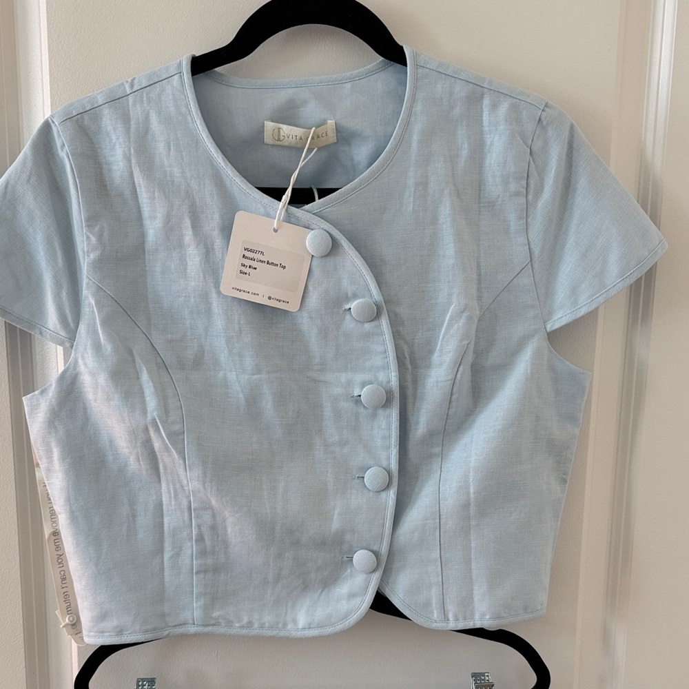 Vita Grace Rossala Linen Button Top and Skirt in Sky Blue - Size Large NWT - Picture 2 of 9